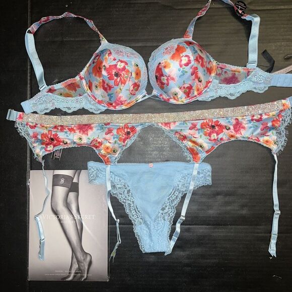 Victoria's Secret 32A,32C BOMBSHELL BRA SET+garter+XS BLUE RED POPPY shine Strap